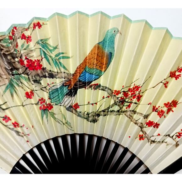 Chinese Folding Hand Fan Dove Floral CAAC VTG Decor 🕊️🌸 - Picture 6 of 16